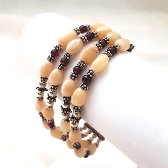 Bracelet Natural (br6) Gemstones Cream Aventurine Garnet 925 Silver 4-strand - Picture 3 of 10